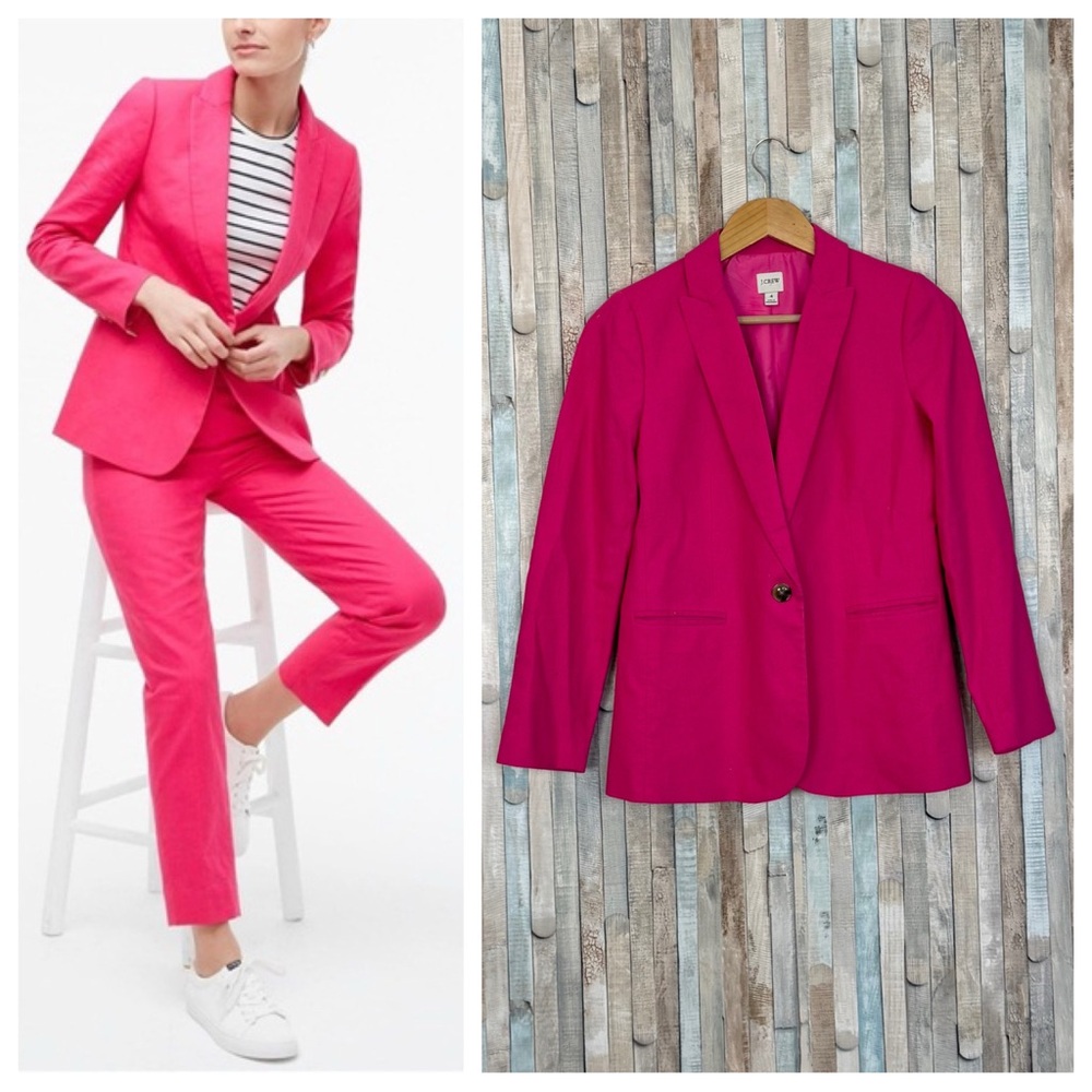 J Crew 4 Bright Pink Linen Blend One Button‎ Blazer Jacket Career Work Factory